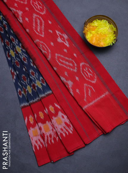 Ikat cotton saree peacock blue and red with allover ikat weaves and long ikat woven border
