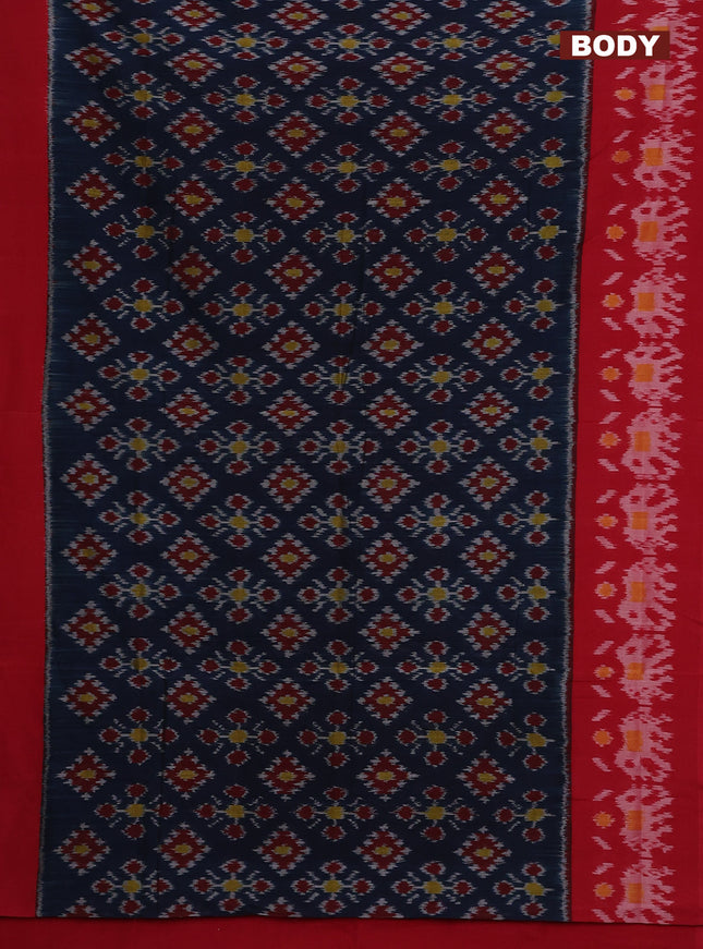Ikat cotton saree peacock blue and red with allover ikat weaves and long ikat woven border