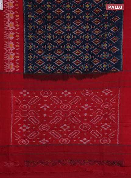 Ikat cotton saree peacock blue and red with allover ikat weaves and long ikat woven border