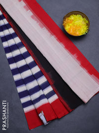 Ikat cotton saree off white blue and red with stripes pattern and simple border