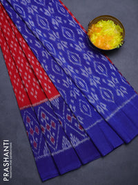 Ikat cotton saree red and blue with allover ikat weaves and simple border