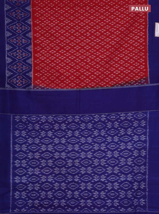 Ikat cotton saree red and blue with allover ikat weaves and simple border