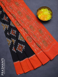 Ikat cotton saree black and orange with allover ikat weaves and simple border