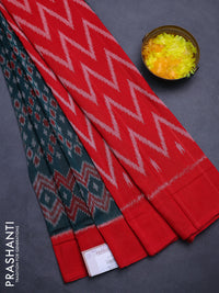 Ikat cotton saree peacock green and red with allover ikat weaves and simple border