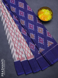 Ikat cotton saree off white black and blue with allover ikat weaves and simple border