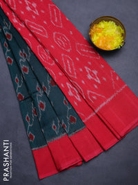 Ikat cotton saree bottle green and red with allover ikat weaves and simple border