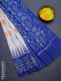 Ikat cotton saree off white and peacock blue with allover ikat weaves and ikat woven border