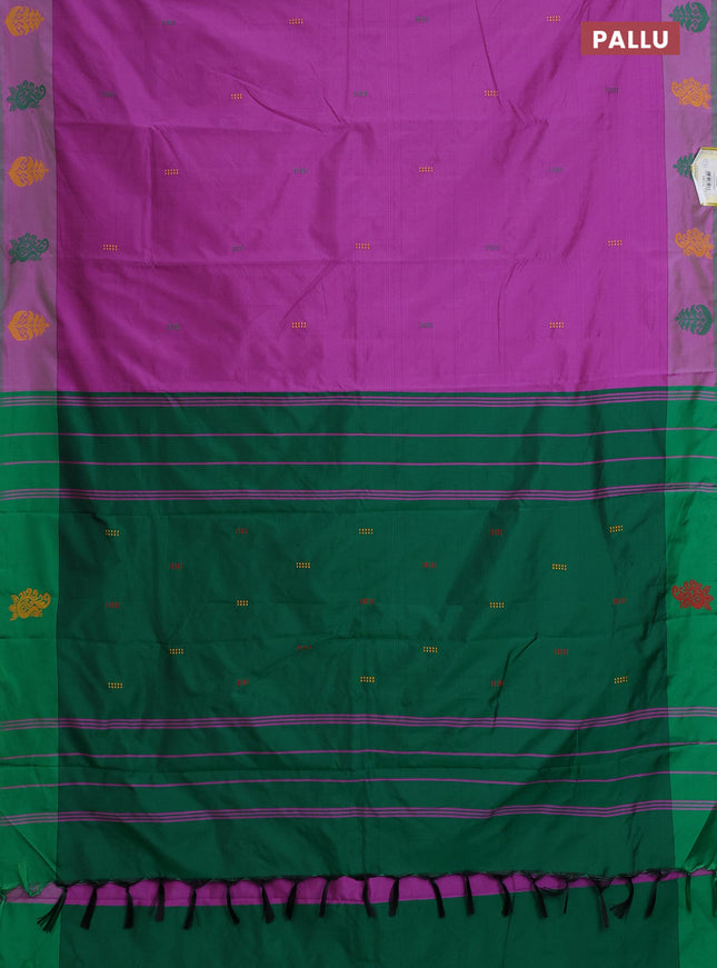 Arani semi silk saree purple shade and dual shade of green with thread woven buttas and thread woven butta border