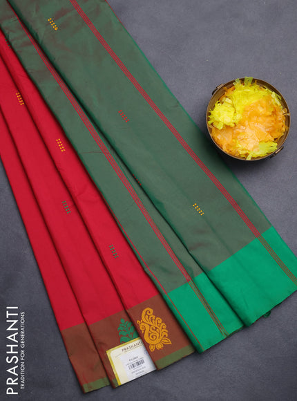 Arani semi silk saree reddish pink and dual shade of green with thread woven buttas and thread woven butta border