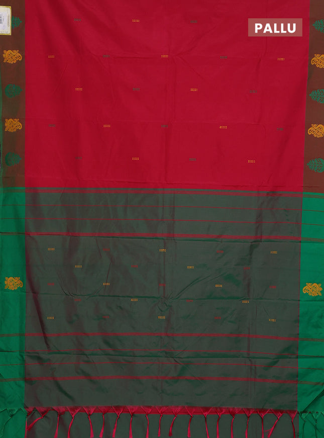 Arani semi silk saree reddish pink and dual shade of green with thread woven buttas and thread woven butta border