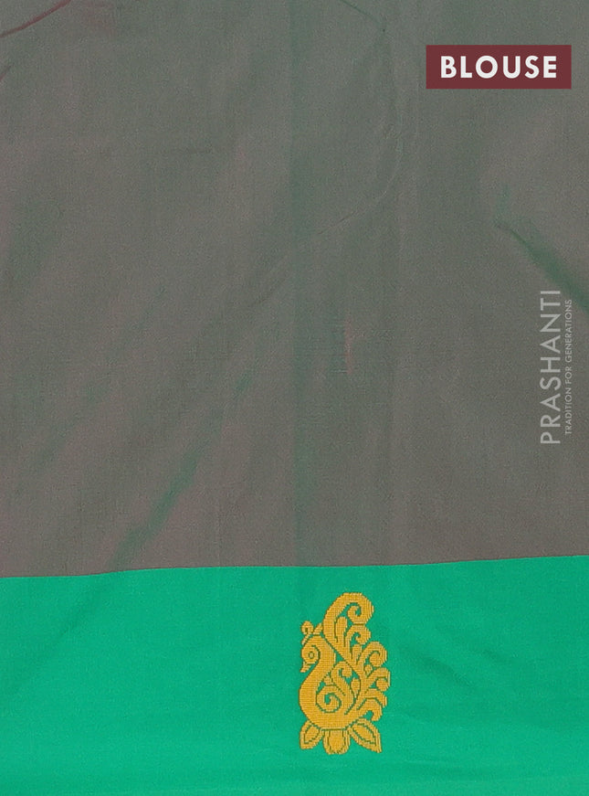 Arani semi silk saree reddish pink and dual shade of green with thread woven buttas and thread woven butta border