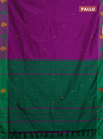 Arani semi silk saree purple shade and green with thread woven buttas and thread woven butta border