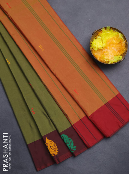 Arani semi silk saree sap green and dual shade of maroon with thread woven buttas and thread woven butta border