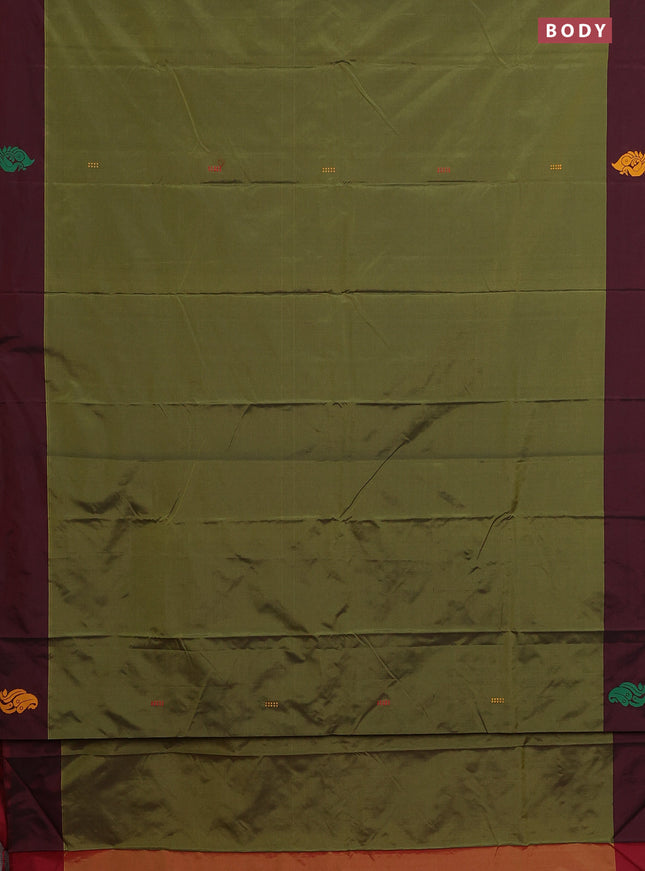Arani semi silk saree sap green and dual shade of maroon with thread woven buttas and thread woven butta border