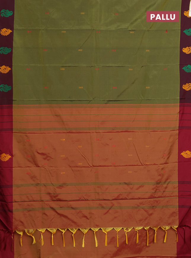 Arani semi silk saree sap green and dual shade of maroon with thread woven buttas and thread woven butta border