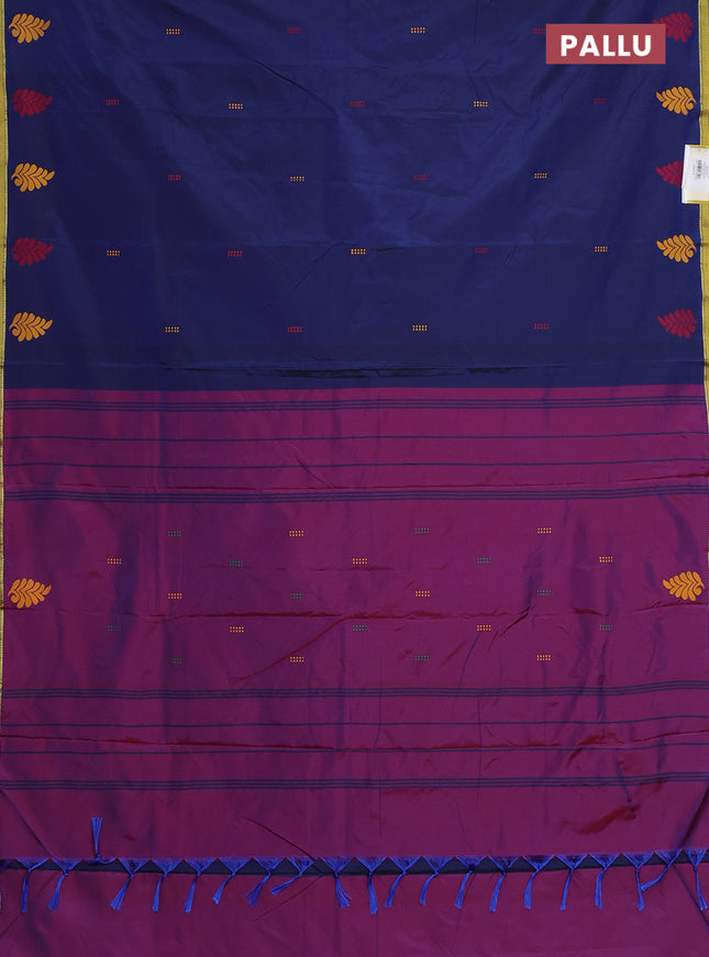 Arani semi silk saree dark blue and dual shade of maroon with thread woven buttas and piping border