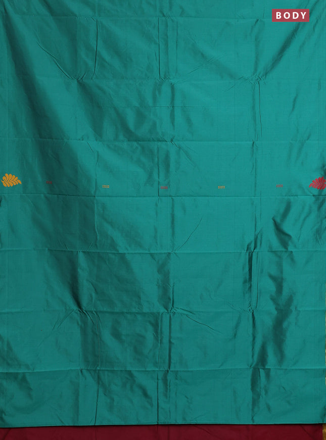Arani semi silk saree teal green and maroon with thread woven buttas and piping border