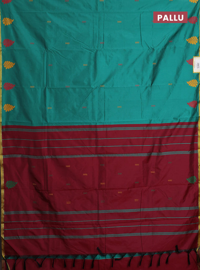 Arani semi silk saree teal green and maroon with thread woven buttas and piping border
