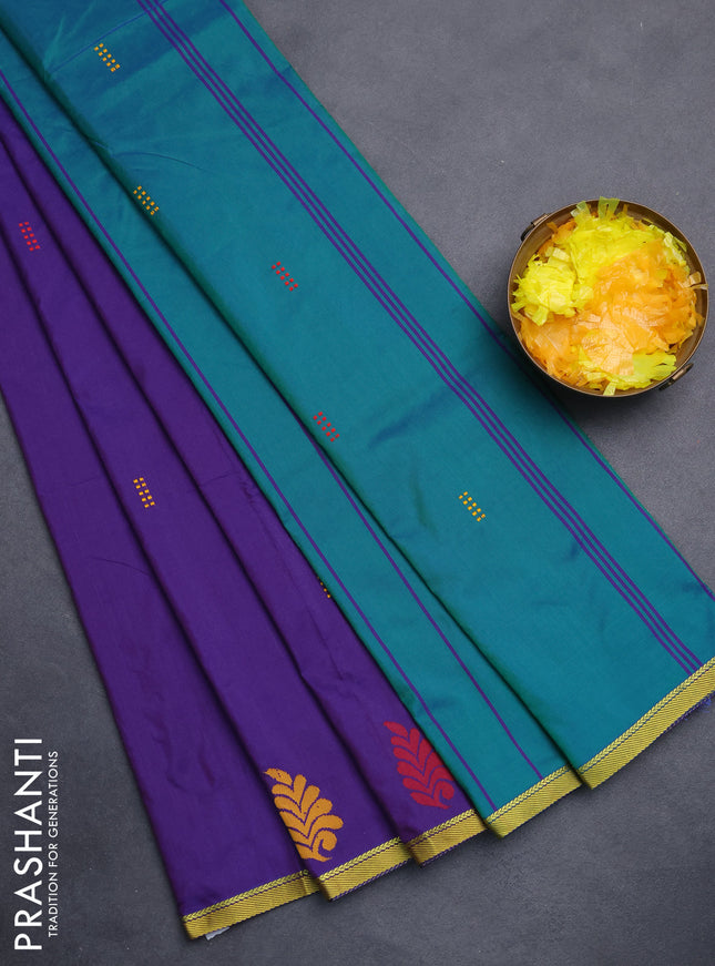 Arani semi silk saree deep violet and dual shade of green with thread woven buttas and piping border