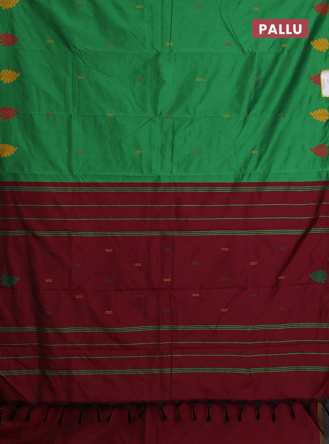 Arani semi silk saree green and maroon with thread woven buttas and piping border