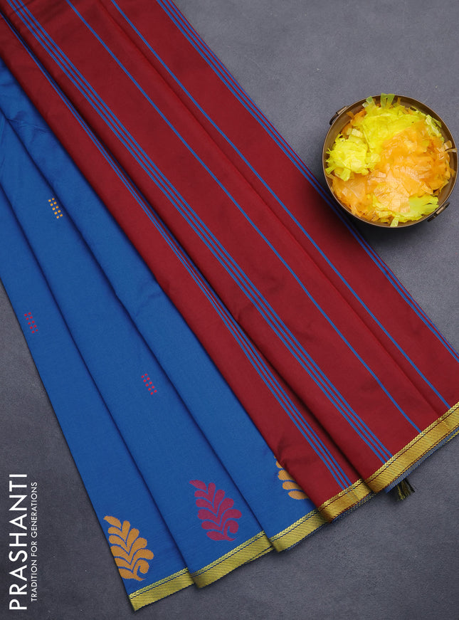 Arani semi silk saree cs blue and maroon with thread woven buttas and piping border