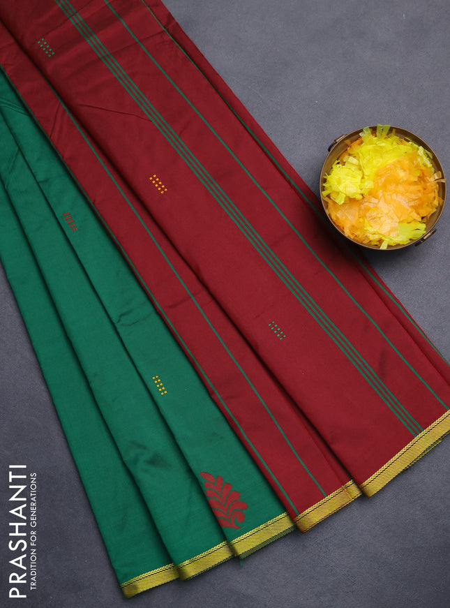 Arani semi silk saree green and maroon with thread woven buttas and piping border