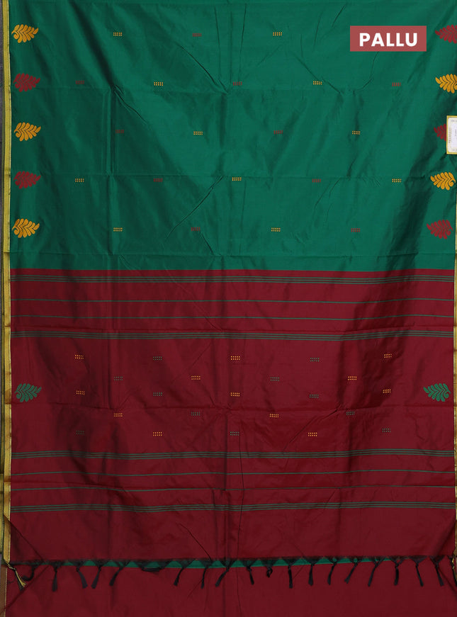 Arani semi silk saree green and maroon with thread woven buttas and piping border