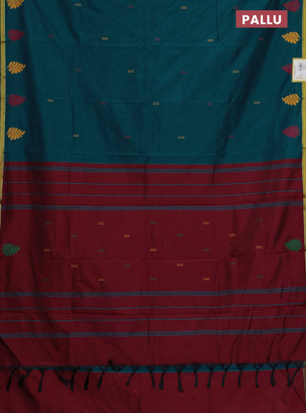 Arani semi silk saree peacock green and maroon with thread woven buttas and piping border