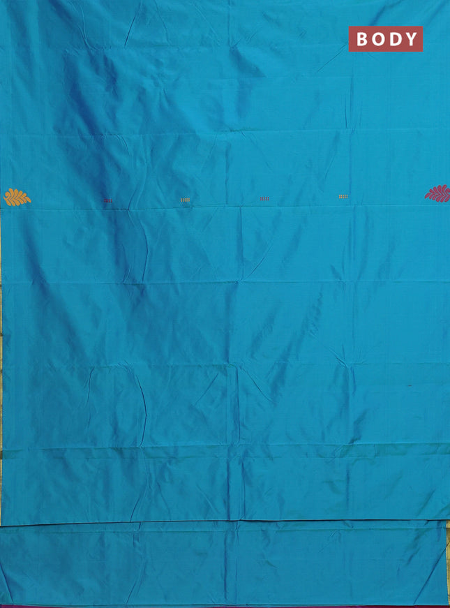 Arani semi silk saree dual shade of teal bluish green and dual shade of maroon with thread woven buttas and piping border