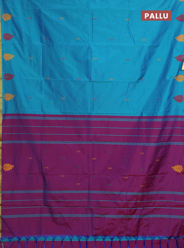 Arani semi silk saree dual shade of teal bluish green and dual shade of maroon with thread woven buttas and piping border