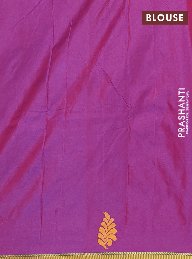 Arani semi silk saree dual shade of teal bluish green and dual shade of maroon with thread woven buttas and piping border