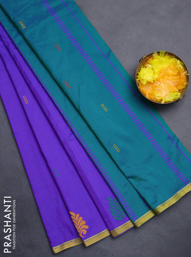Arani semi silk saree dual shade of violet and dual shade of green with thread woven buttas and piping border