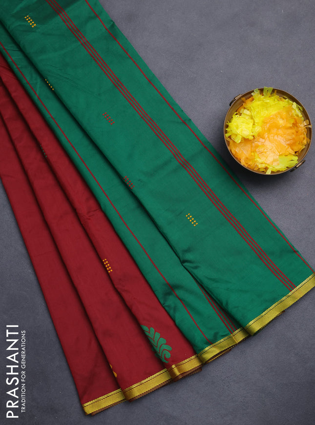 Arani semi silk saree maroon and green with thread woven buttas and piping border