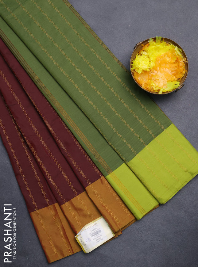Arani semi silk saree deep maroon and light green with allover zari weaves and zari woven border