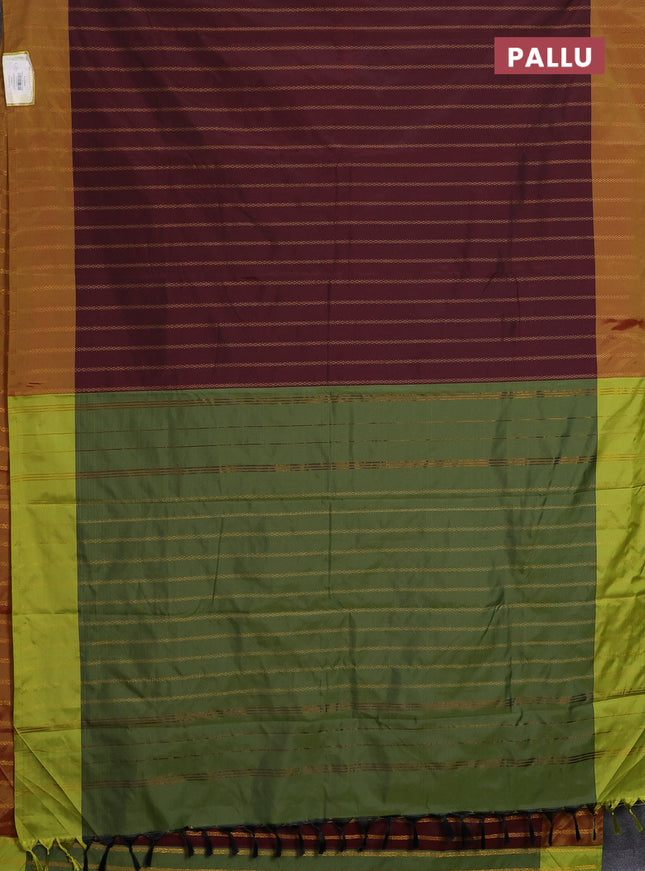 Arani semi silk saree deep maroon and light green with allover zari weaves and zari woven border