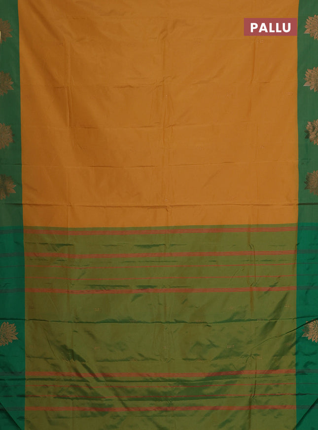 Arani semi silk saree mustard yellow and green with copper zari woven buttas and copper zari woven butta border