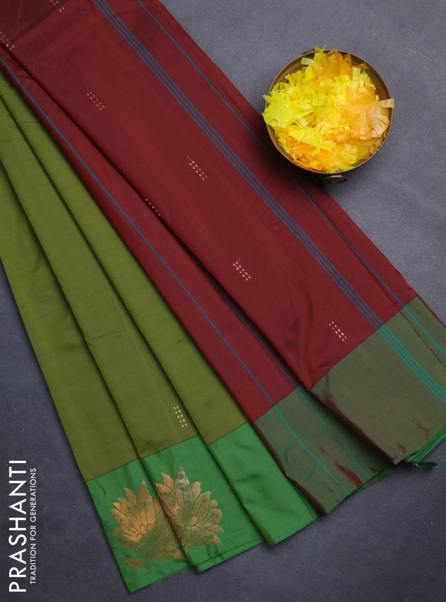 Arani semi silk saree sap green and green with copper zari woven buttas and copper zari woven butta border