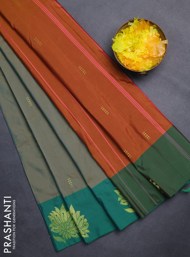 Arani semi silk saree dual shade of teal and green with zari woven buttas and zari woven butta border