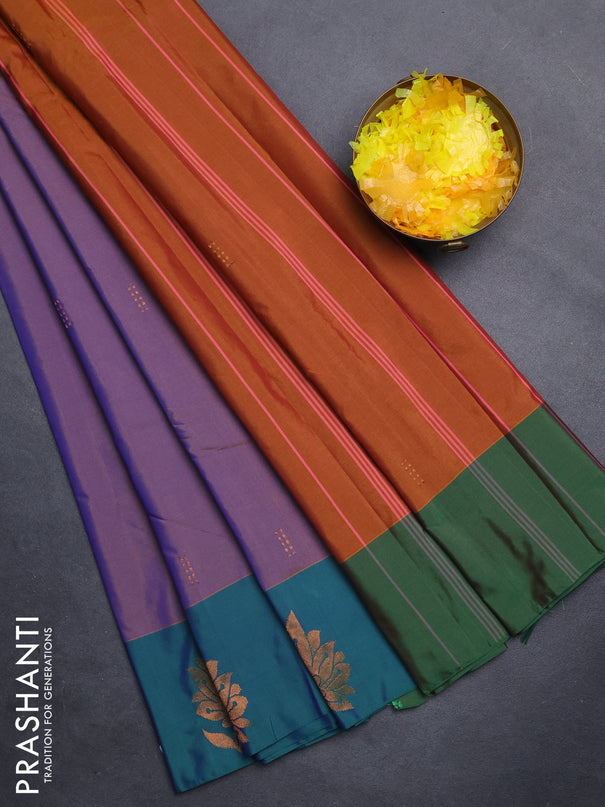 Arani semi silk saree dual shade of violet and dual shade of green with copper zari woven buttas and copper zari woven butta border