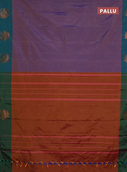 Arani semi silk saree dual shade of violet and dual shade of green with copper zari woven buttas and copper zari woven butta border