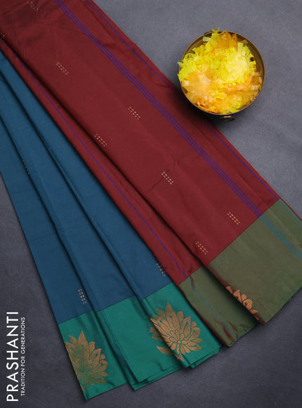 Arani semi silk saree peacock green and green with copper zari woven buttas and copper zari woven butta border
