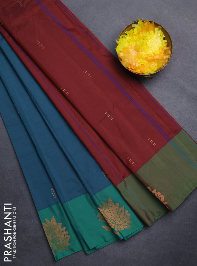Arani semi silk saree peacock green and green with copper zari woven buttas and copper zari woven butta border