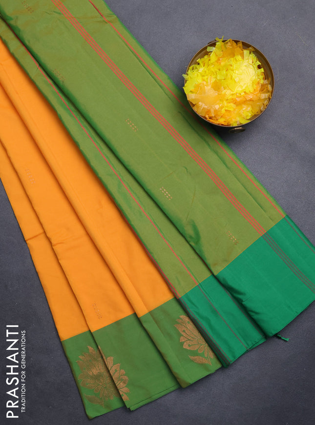 Arani semi silk saree mango yellow and dual shade of green with copper zari woven buttas and copper zari woven butta border