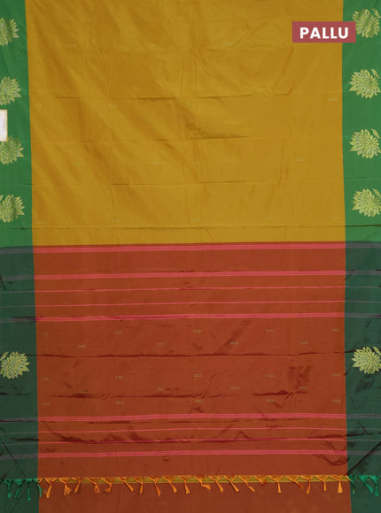 Arani semi silk saree mustard yellow and green with zari woven buttas and zari woven butta border