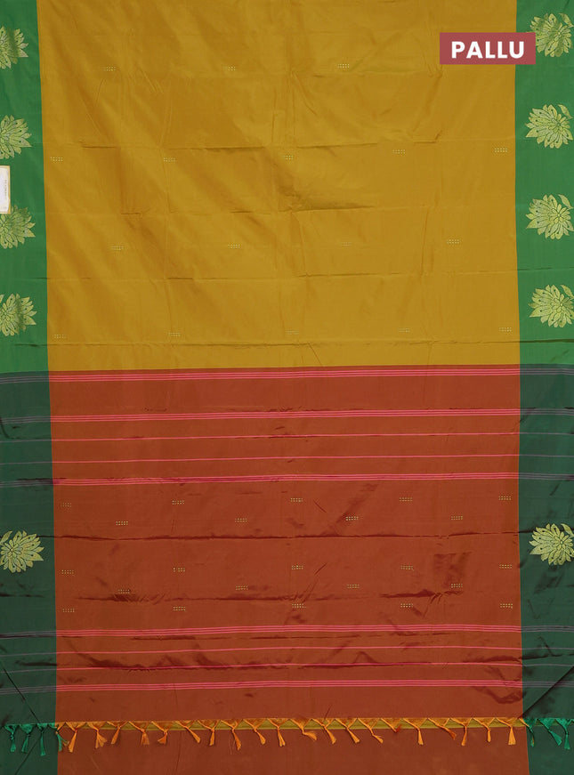 Arani semi silk saree mustard yellow and green with zari woven buttas and zari woven butta border