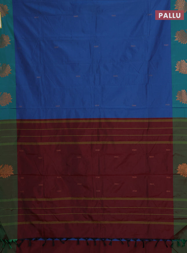Arani semi silk saree blue and dual shade of green with copper zari woven buttas and copper zari woven butta border
