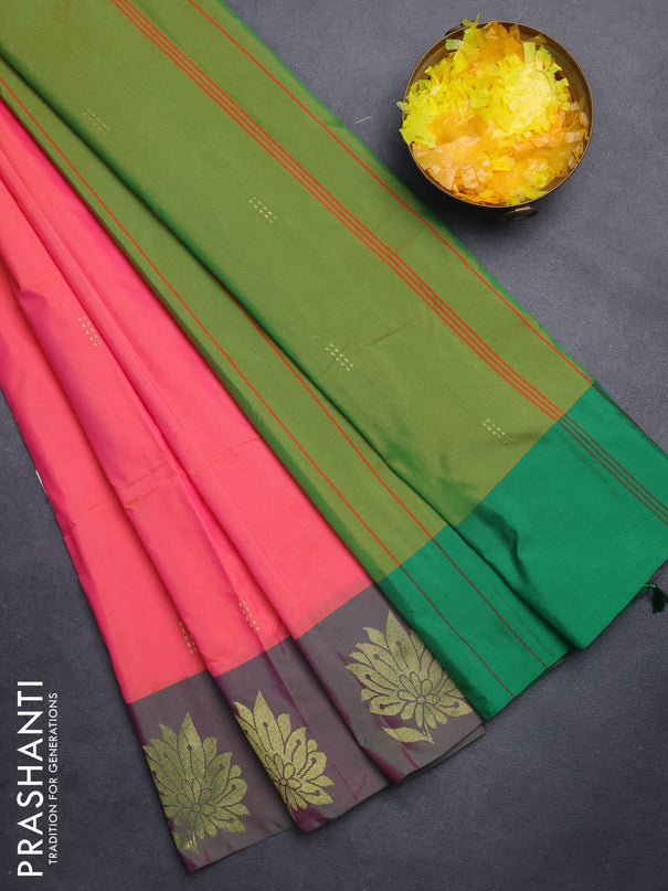 Arani semi silk saree peach pink and green with zari woven buttas and zari woven butta border