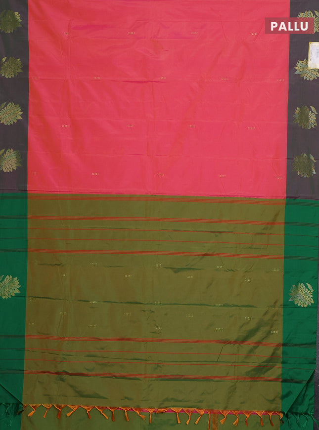 Arani semi silk saree peach pink and green with zari woven buttas and zari woven butta border