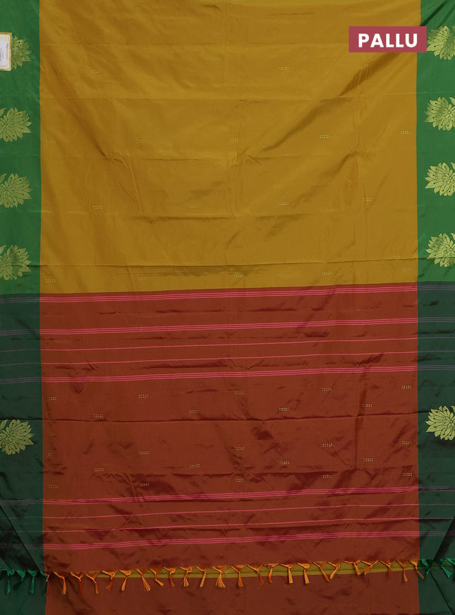 Arani semi silk saree mustard yellow and green with zari woven buttas and zari woven butta border