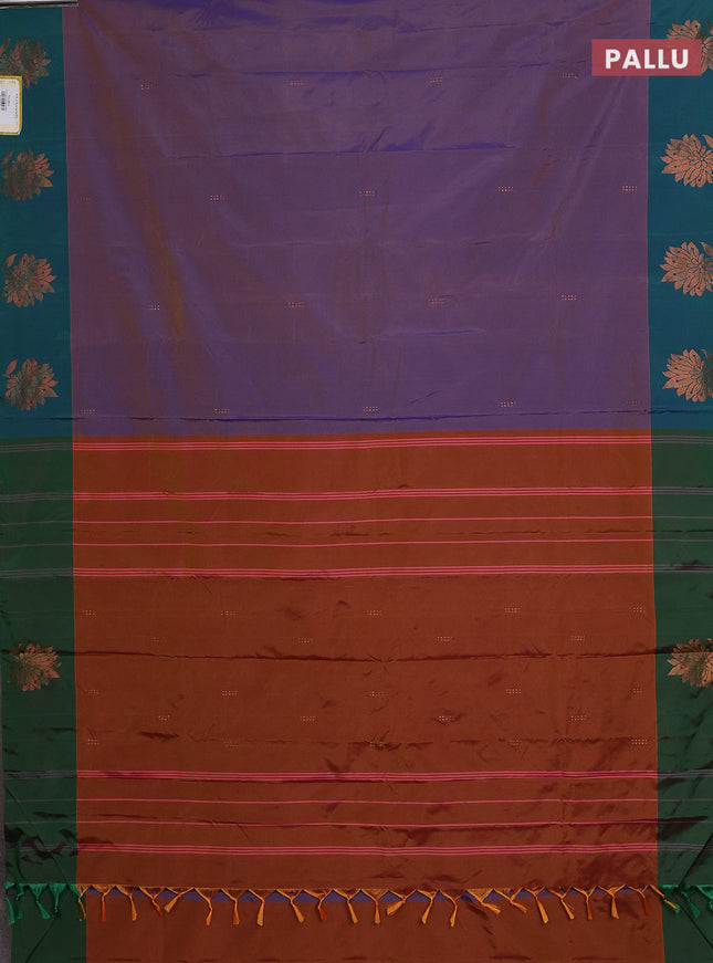 Arani semi silk saree violet and dual shade of green with copper zari woven buttas and zari woven butta border
